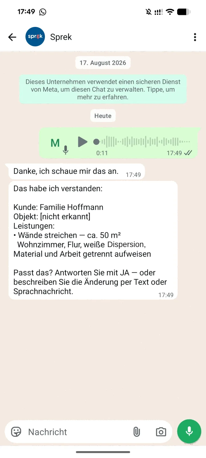 sprek antwortet: Das habe ich verstanden, Kunde Familie Hoffmann, Wände streichen ca. 50 Quadratmeter. Passt das?