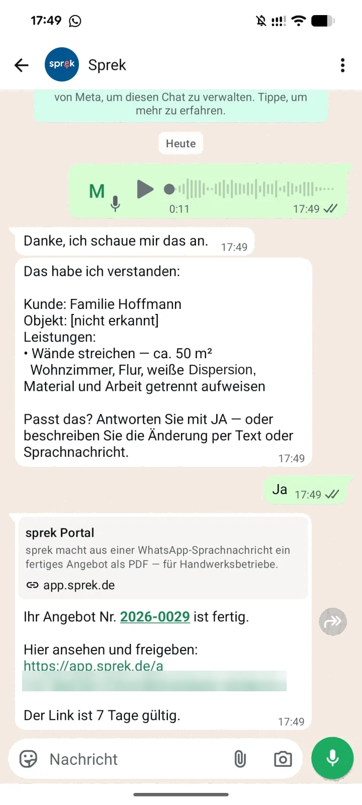 Nach einem Ja schickt sprek den Link zu Angebot Nr. 2026-0029