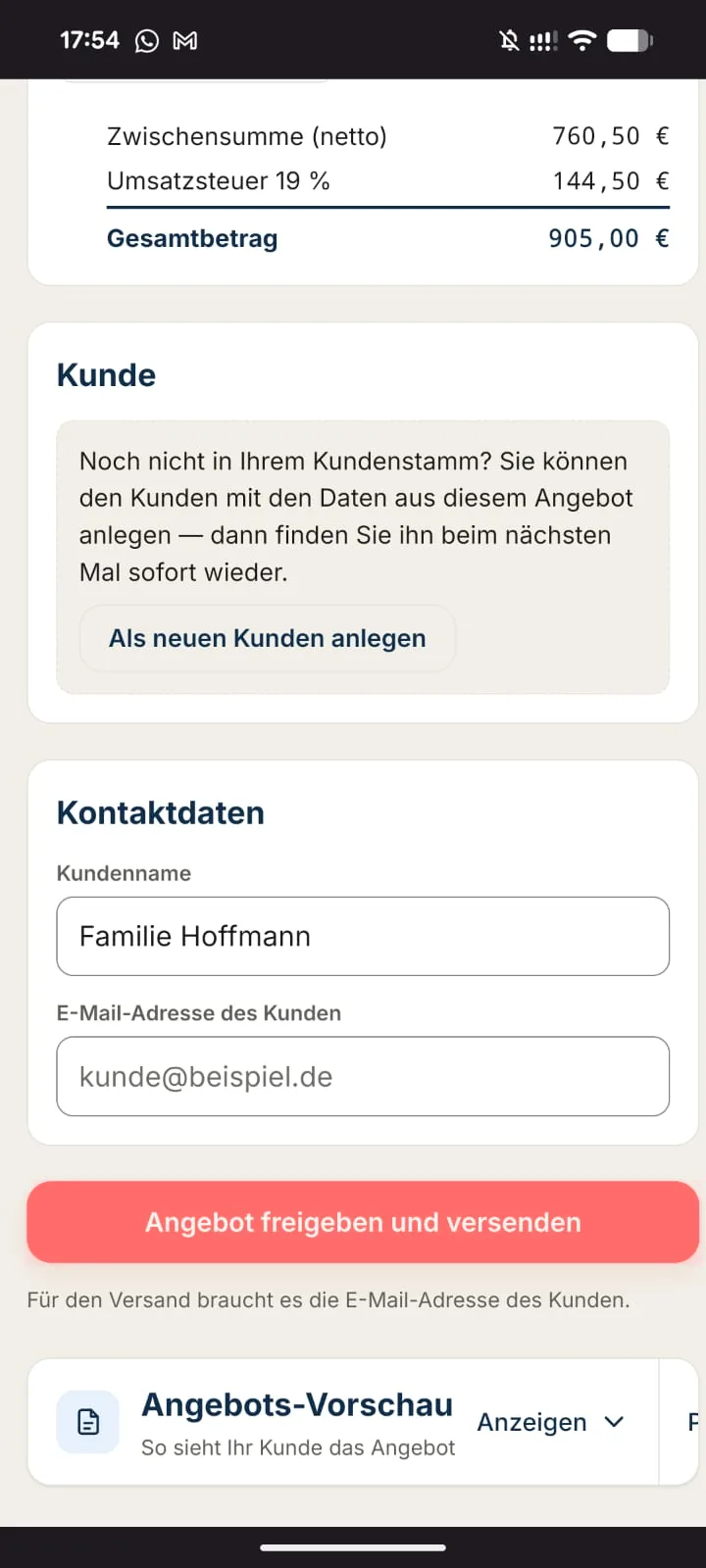 sprek-Portal mit Gesamtbetrag 905,00 Euro und dem Button Angebot freigeben und versenden